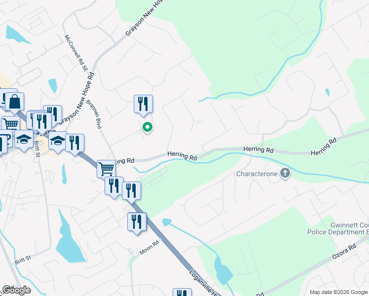 map of restaurants, bars, coffee shops, grocery stores, and more near 168 Herring Road in Grayson