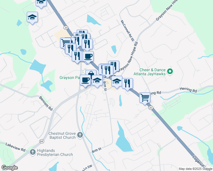 map of restaurants, bars, coffee shops, grocery stores, and more near 2120 Rail Yard Avenue in Grayson