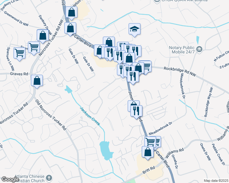 map of restaurants, bars, coffee shops, grocery stores, and more near 6625 Story Circle in Norcross