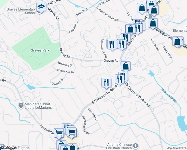 map of restaurants, bars, coffee shops, grocery stores, and more near 1386 Southern Woods Drive in Tucker