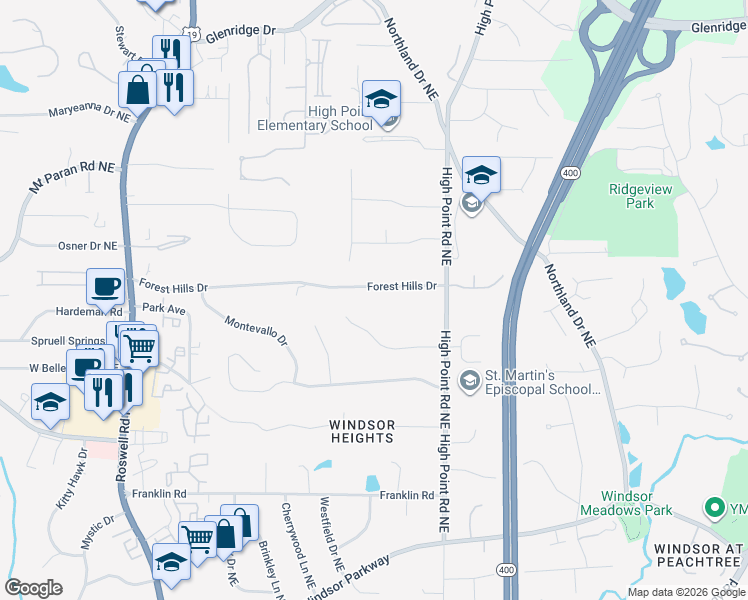 map of restaurants, bars, coffee shops, grocery stores, and more near 510 Forestdale Drive Northeast in Atlanta
