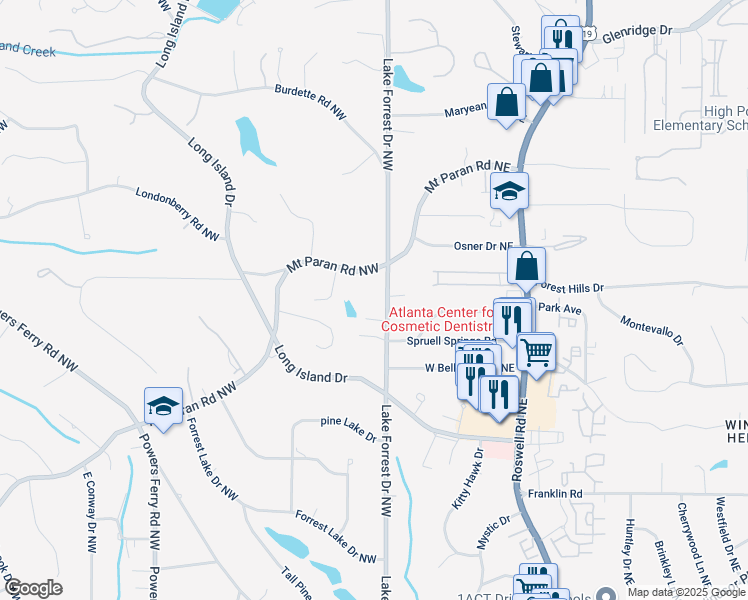 map of restaurants, bars, coffee shops, grocery stores, and more near 5060 Lake Forrest Drive Northwest in Sandy Springs