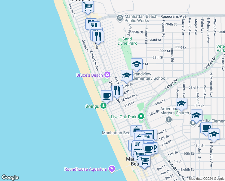 map of restaurants, bars, coffee shops, grocery stores, and more near 229 24th Street in Manhattan Beach