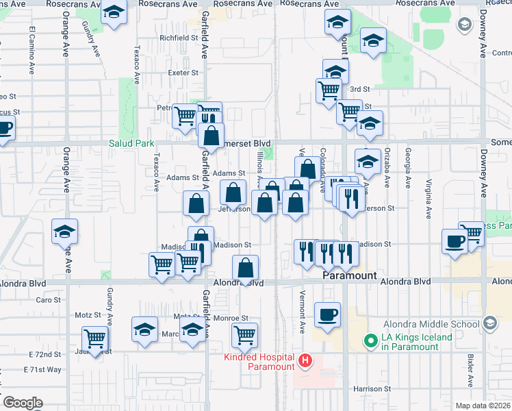 map of restaurants, bars, coffee shops, grocery stores, and more near 15359 Illinois Avenue in Paramount