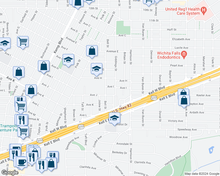 map of restaurants, bars, coffee shops, grocery stores, and more near 2129 Avenue I in Wichita Falls