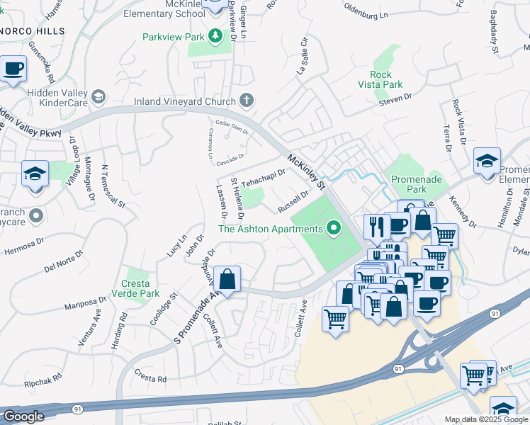 map of restaurants, bars, coffee shops, grocery stores, and more near 718 San Benito Lane in Corona