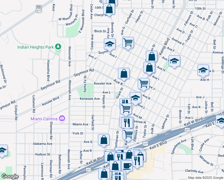 map of restaurants, bars, coffee shops, grocery stores, and more near 2902 Avenue L in Wichita Falls