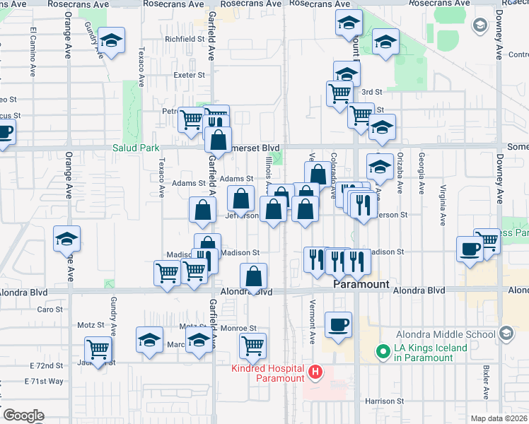 map of restaurants, bars, coffee shops, grocery stores, and more near 15359 Illinois Avenue in Paramount