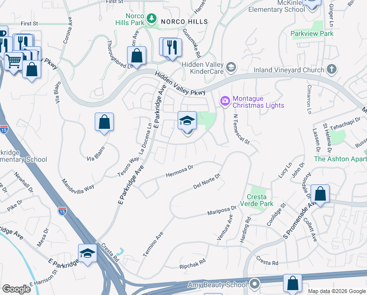 map of restaurants, bars, coffee shops, grocery stores, and more near 751 Pescadero Circle in Corona