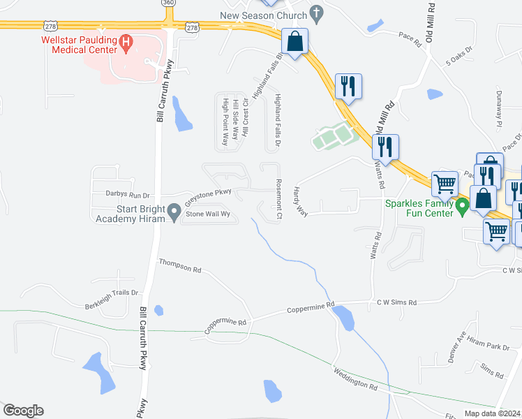 map of restaurants, bars, coffee shops, grocery stores, and more near 422 Rosemont Court in Hiram