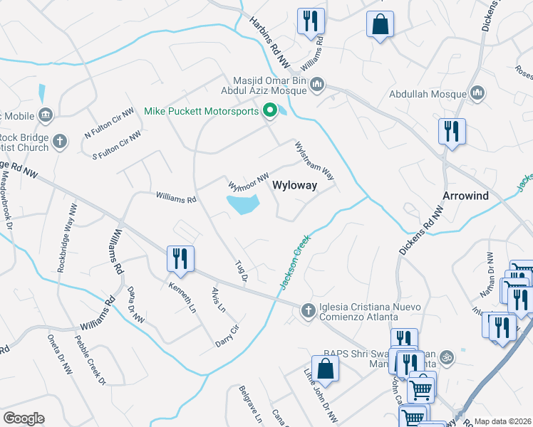 map of restaurants, bars, coffee shops, grocery stores, and more near 5659 Jackson Knoll Trace Northwest in Lilburn