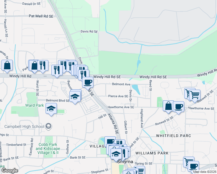 map of restaurants, bars, coffee shops, grocery stores, and more near 2495 Adams Drive Southeast in Smyrna