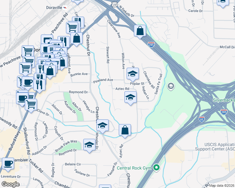 map of restaurants, bars, coffee shops, grocery stores, and more near 3498 Pine Street in Doraville