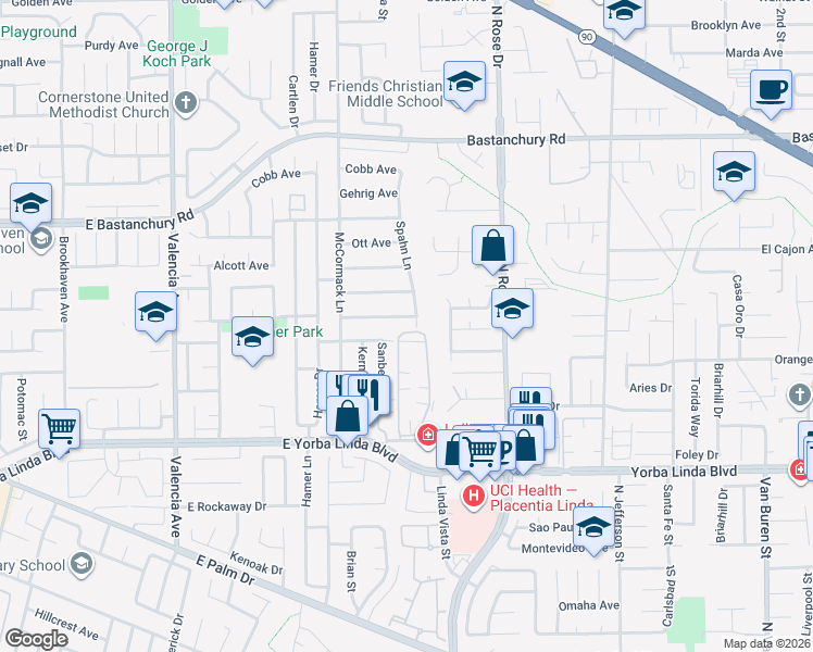 map of restaurants, bars, coffee shops, grocery stores, and more near 1010 Huggins Avenue in Placentia
