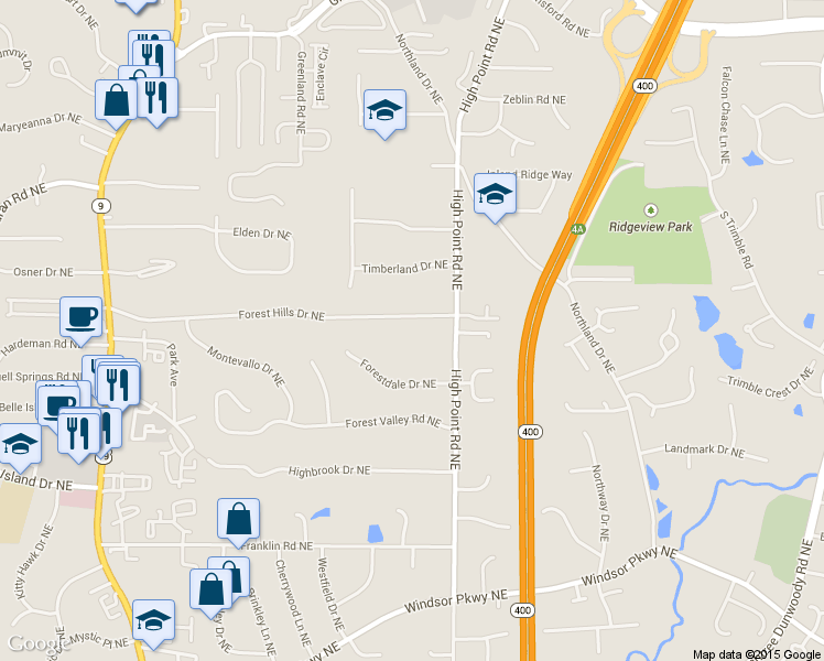 map of restaurants, bars, coffee shops, grocery stores, and more near 535 Forest Hills Drive Northeast in Atlanta
