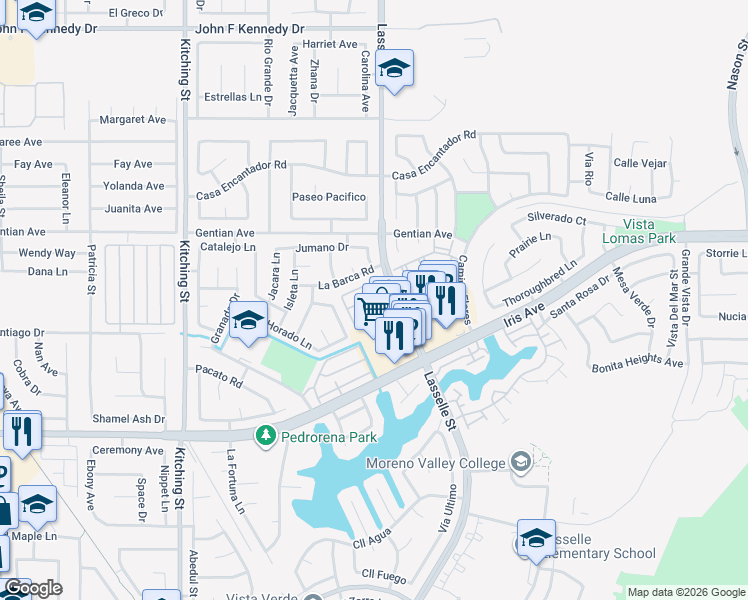 map of restaurants, bars, coffee shops, grocery stores, and more near 15677 Lasselle Street in Moreno Valley
