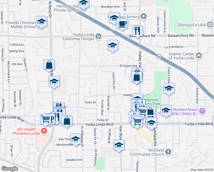 map of restaurants, bars, coffee shops, grocery stores, and more near 4712 Torida Way in Yorba Linda