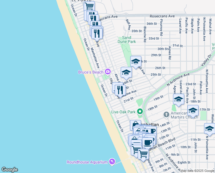 map of restaurants, bars, coffee shops, grocery stores, and more near 1122 The Strand in Hermosa Beach