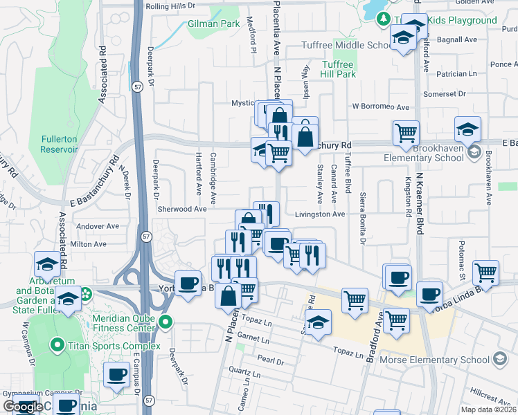 map of restaurants, bars, coffee shops, grocery stores, and more near 1717 Saint James Place in Placentia