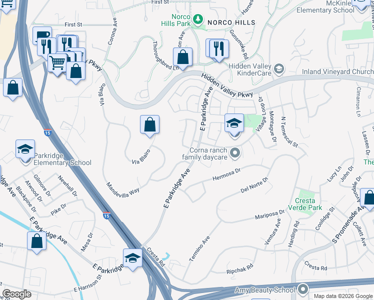 map of restaurants, bars, coffee shops, grocery stores, and more near 729 La Docena Lane in Corona