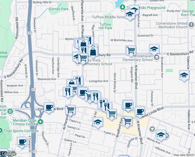 map of restaurants, bars, coffee shops, grocery stores, and more near 1707 Stanley Avenue in Placentia