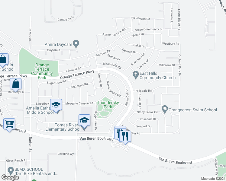 map of restaurants, bars, coffee shops, grocery stores, and more near 8766 Morninglight Circle in Riverside