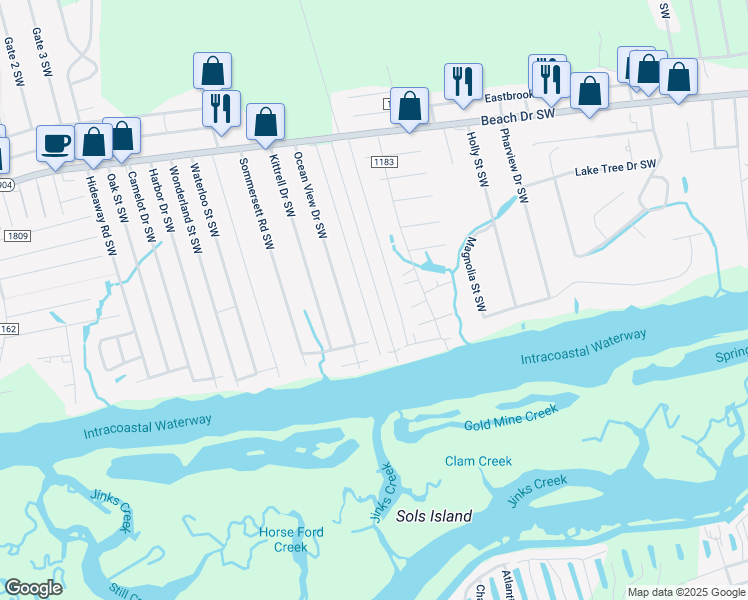 map of restaurants, bars, coffee shops, grocery stores, and more near 2024 Inland Drive Southwest in Ocean Isle Beach