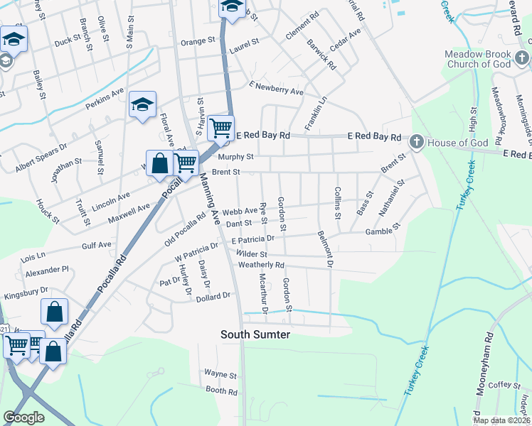map of restaurants, bars, coffee shops, grocery stores, and more near 38 Dant Street in Sumter