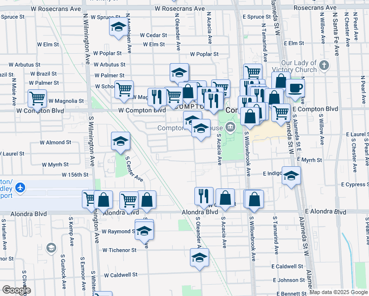 map of restaurants, bars, coffee shops, grocery stores, and more near 434 West Laurel Street in Compton