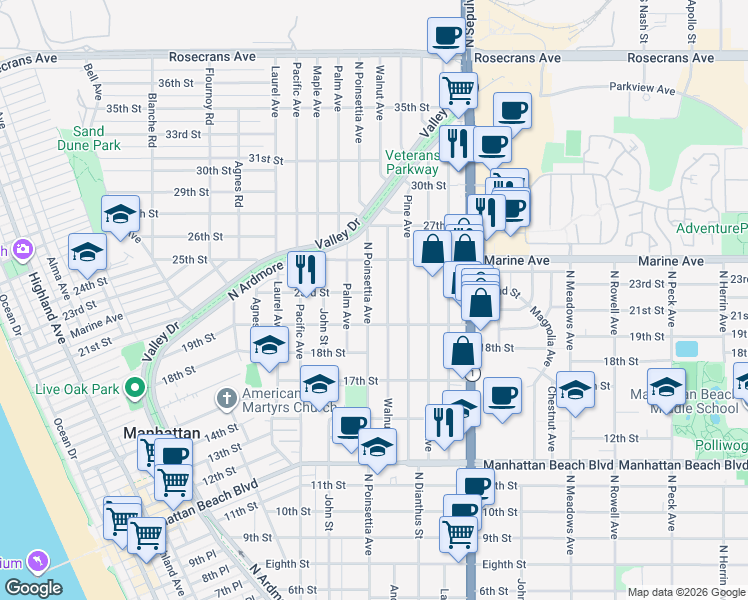 map of restaurants, bars, coffee shops, grocery stores, and more near 2200 North Poinsettia Avenue in Manhattan Beach