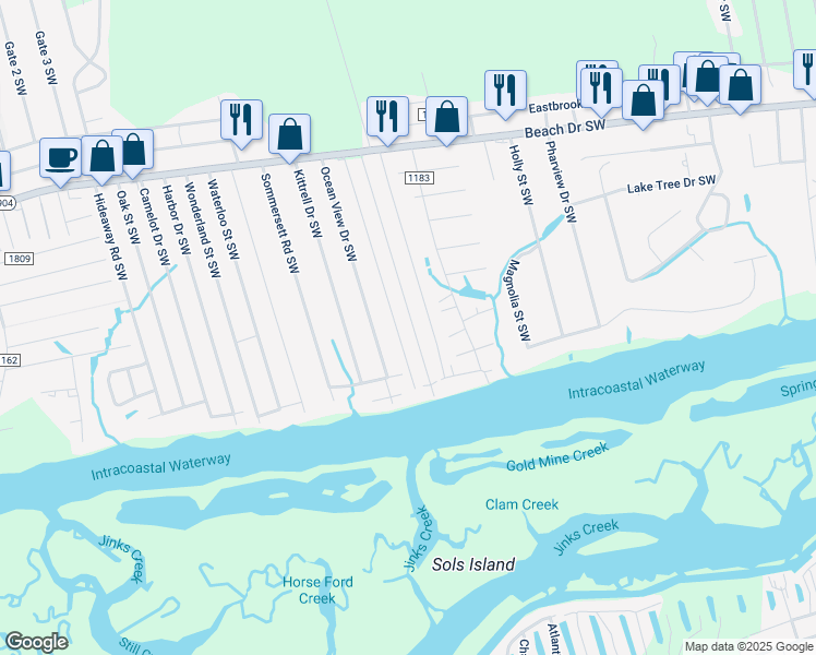 map of restaurants, bars, coffee shops, grocery stores, and more near 2024 Inland Drive Southwest in Ocean Isle Beach