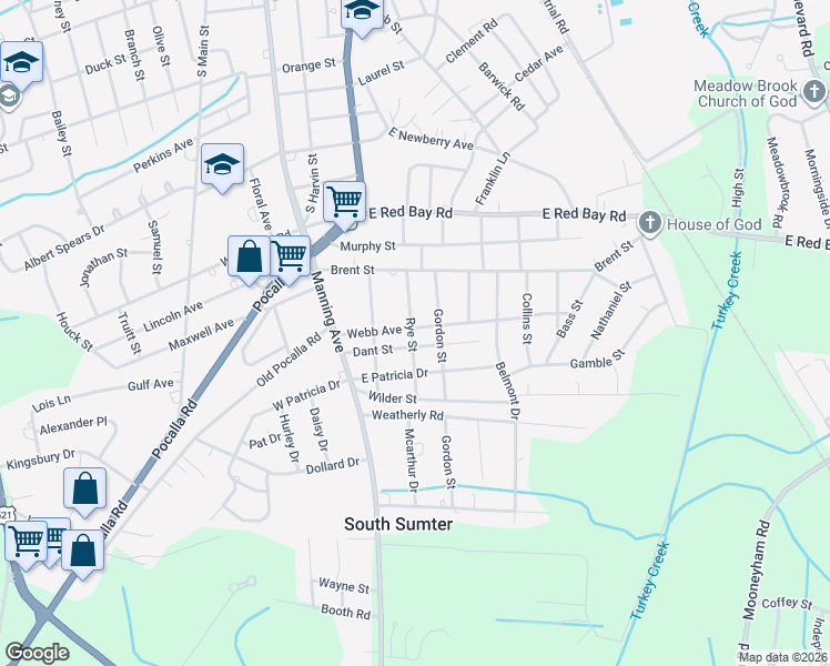 map of restaurants, bars, coffee shops, grocery stores, and more near 38 Dant Street in Sumter