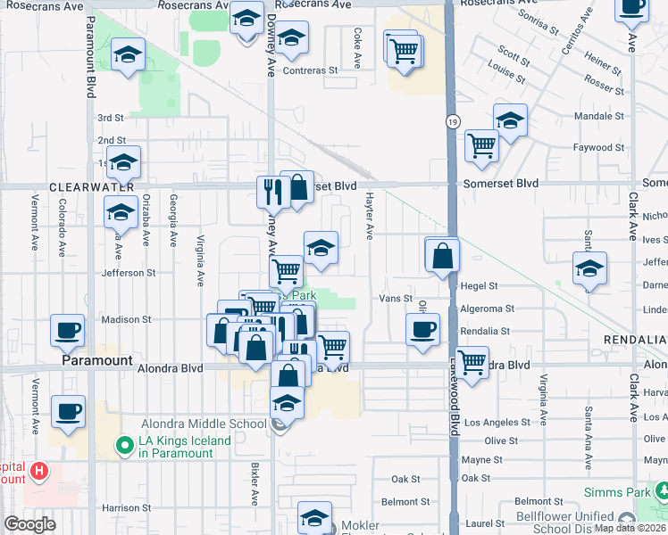 map of restaurants, bars, coffee shops, grocery stores, and more near 8600 Jefferson Street in Paramount