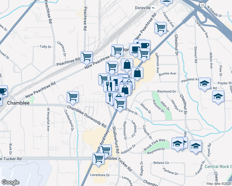 map of restaurants, bars, coffee shops, grocery stores, and more near 5150 Buford Highway Northeast in Doraville