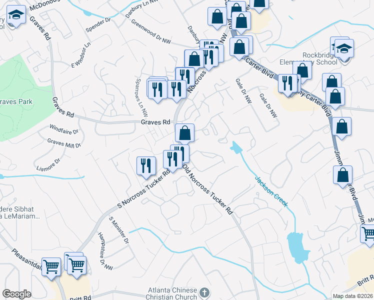 map of restaurants, bars, coffee shops, grocery stores, and more near 6182 S Norcross Tucker Rd in Norcross