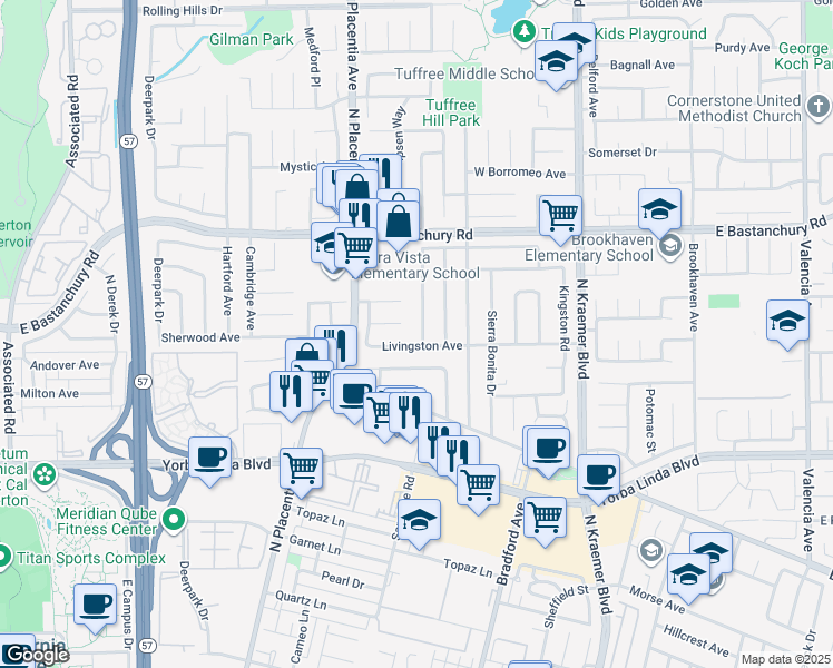 map of restaurants, bars, coffee shops, grocery stores, and more near 1707 Stanley Avenue in Placentia