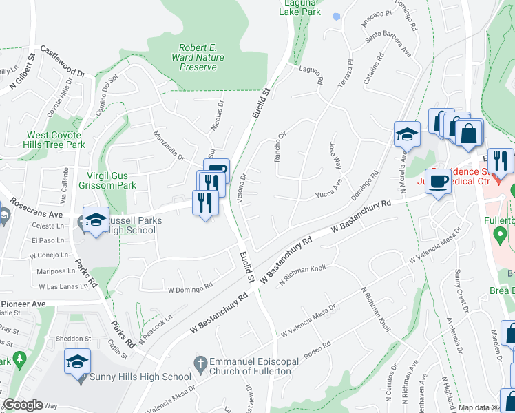 map of restaurants, bars, coffee shops, grocery stores, and more near 1028 Verona Drive in Fullerton