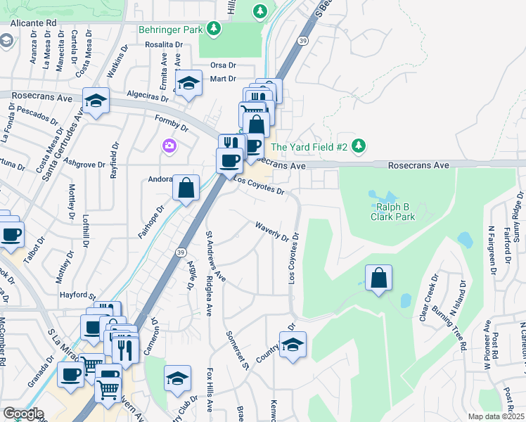 map of restaurants, bars, coffee shops, grocery stores, and more near 8491 Waverly Drive in Buena Park