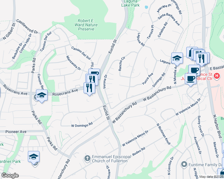 map of restaurants, bars, coffee shops, grocery stores, and more near 1028 Verona Drive in Fullerton