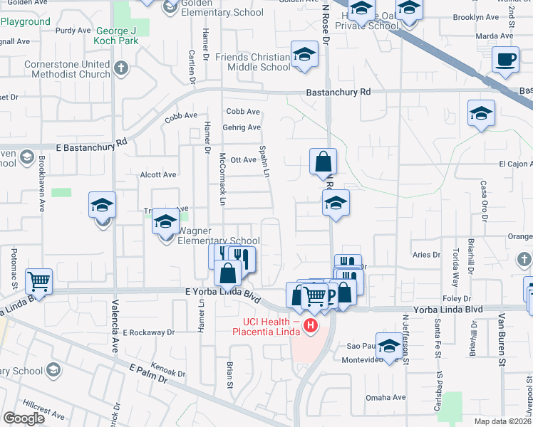 map of restaurants, bars, coffee shops, grocery stores, and more near 1010 Huggins Avenue in Placentia