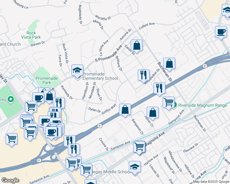 map of restaurants, bars, coffee shops, grocery stores, and more near 429 Bristol Way in Corona