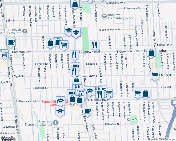 map of restaurants, bars, coffee shops, grocery stores, and more near 405 South Ward Avenue in Compton