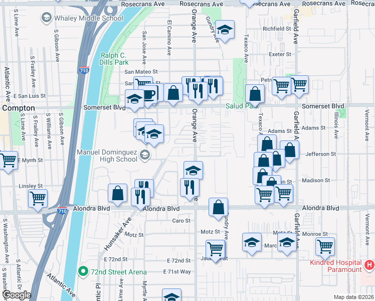 map of restaurants, bars, coffee shops, grocery stores, and more near in Paramount