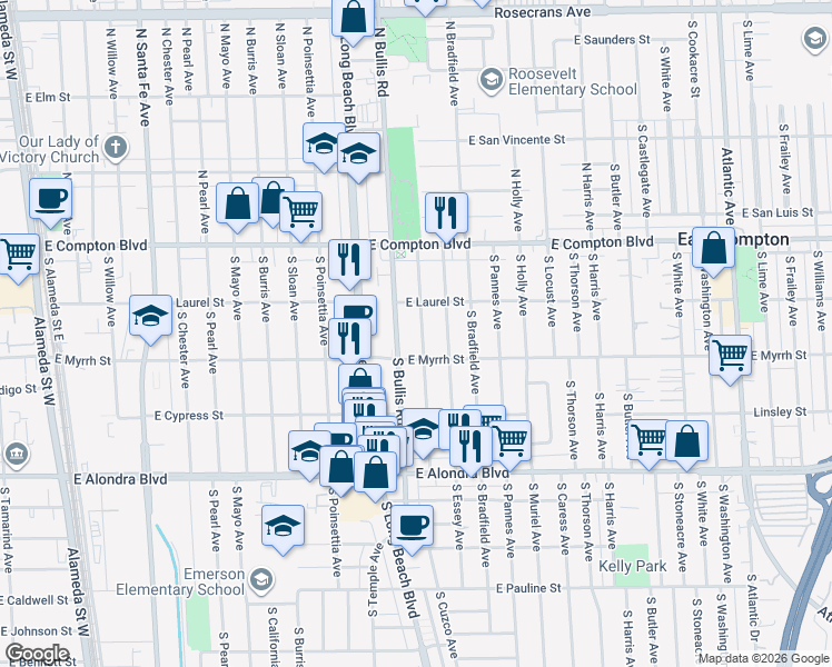 map of restaurants, bars, coffee shops, grocery stores, and more near 424 South Bullis Road in Compton