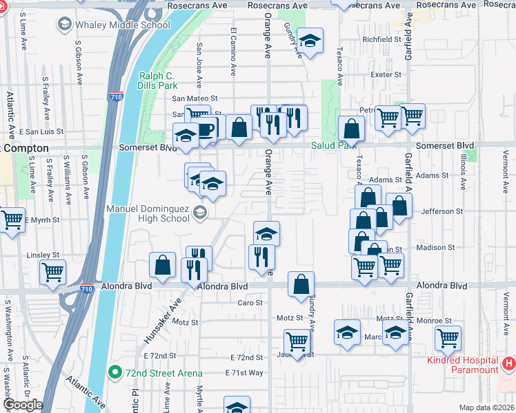 map of restaurants, bars, coffee shops, grocery stores, and more near 15351 Orange Avenue in Paramount