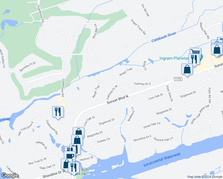 map of restaurants, bars, coffee shops, grocery stores, and more near 512 Fairway Drive West in Sunset Beach
