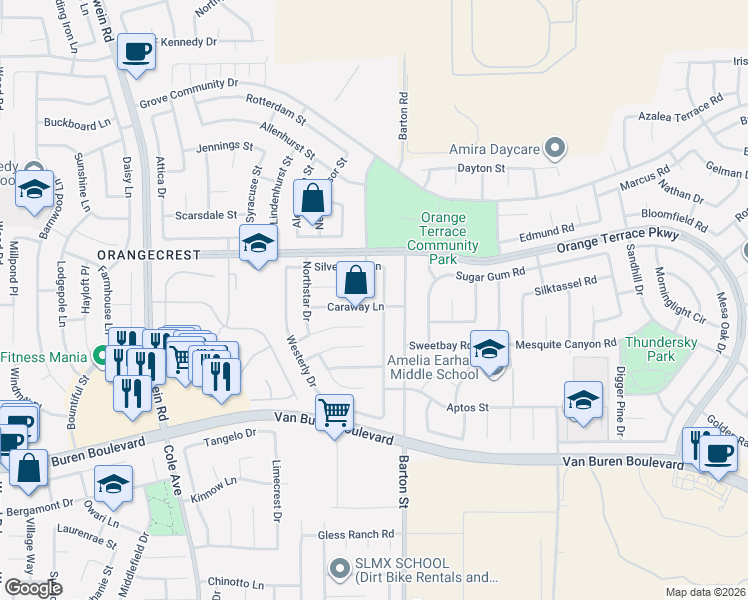 map of restaurants, bars, coffee shops, grocery stores, and more near 8747 Kentville Street in Riverside