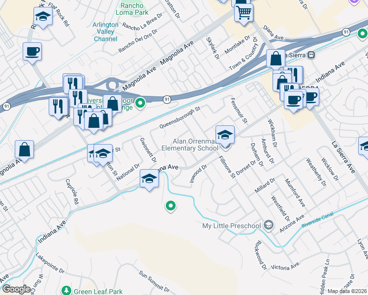 map of restaurants, bars, coffee shops, grocery stores, and more near 11619 Capitol Drive in Riverside
