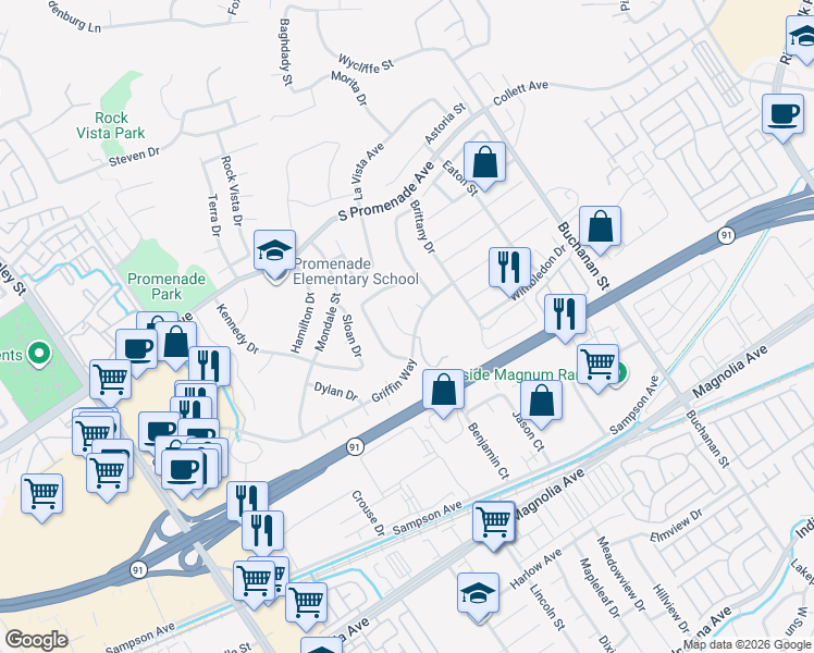 map of restaurants, bars, coffee shops, grocery stores, and more near 429 Bristol Way in Corona