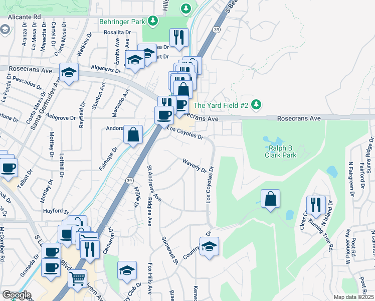 map of restaurants, bars, coffee shops, grocery stores, and more near 8491 Waverly Drive in Buena Park
